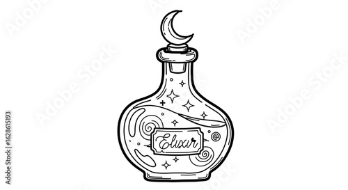 Magical elixir potion bottle with moon stopper vector illustration for halloween and witchcraft designs