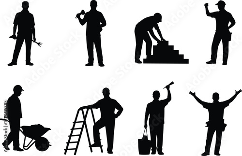 Silhouettes of Construction Workers Performing Manual Labor, Using Tools, Teamwork, Bricklaying, Hammering, Masonry, Building, Industrial, Development, Infrastructure