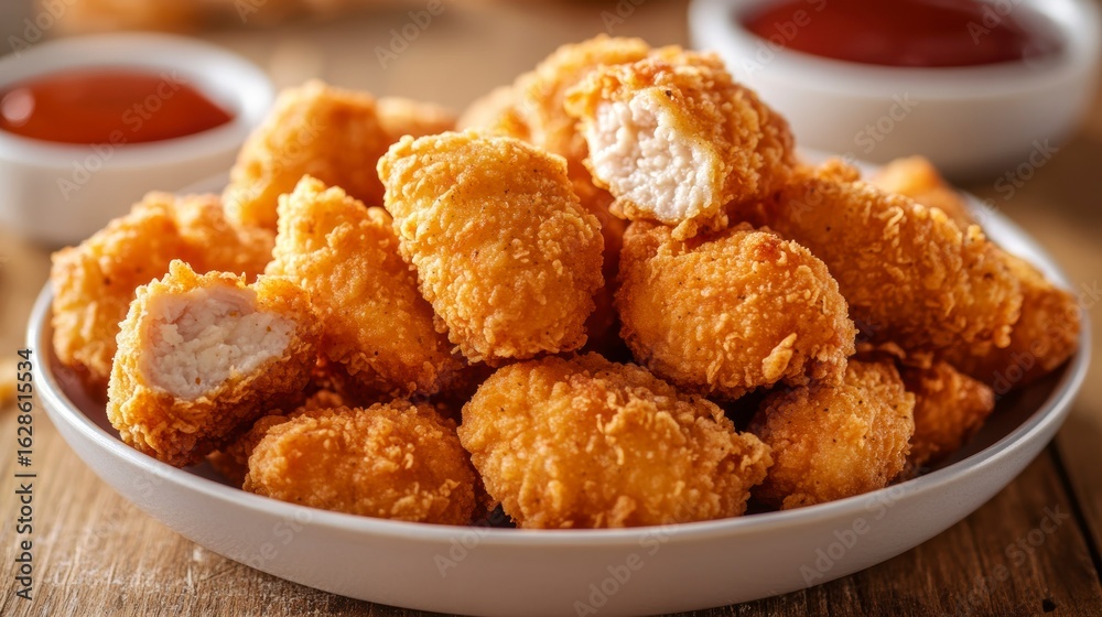 Crispy golden chicken nuggets in a bowl with ketchup. Crispy golden chicken nuggets in a bowl with ketchup.
