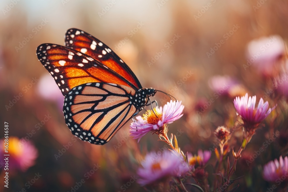 Fototapeta premium Butterfly landing on colorful flowers under warm sunlight in a serene garden setting during springtime
