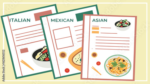 Three restaurant menus featuring italian, mexican, and asian cuisine with food illustrations and descriptions