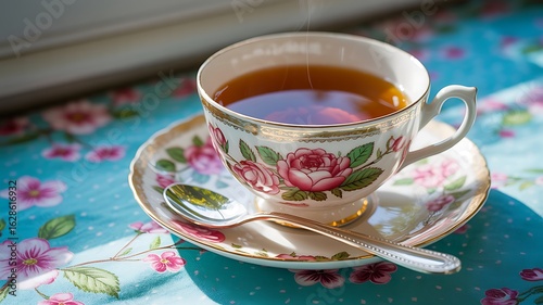 Enjoy a steaming cup of tea served in beautiful vintage floral china with a silver spoon