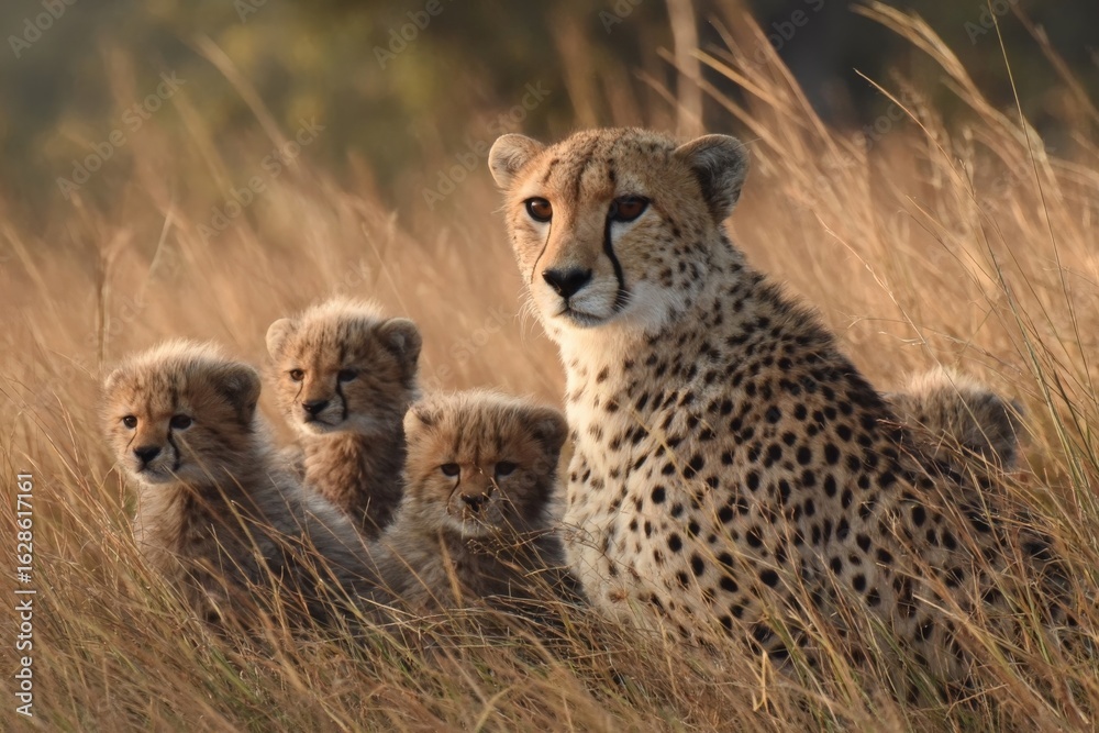 Obraz premium Cheetah mother and her playful cubs resting in golden grasslands during the late afternoon sun in a wildlife reserve