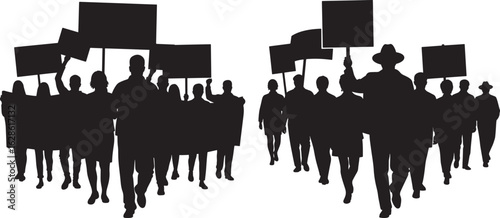 Crowd of protestors holding signs in protest silhouette