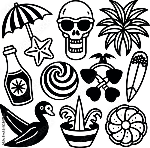 Collection of hand drawn doodle icons for summer and travel isolated on white background