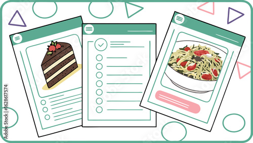 Three app screens displaying cake, a checklist, and pasta with background shapes and light color palette
