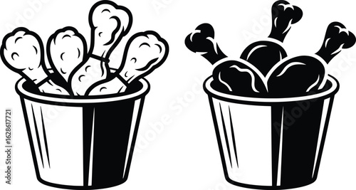 Fried Chicken Bucket Vector, Crispy Drumstick Fast Food Illustration.