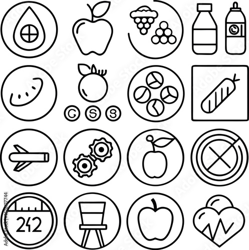 Collection of healthy lifestyle and food icons isolated on white background