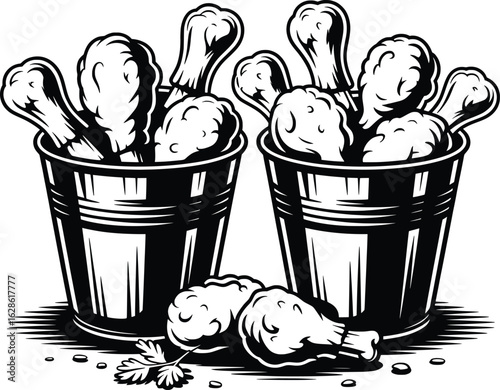 Fried Chicken Bucket Vector, Crispy Drumstick Fast Food Illustration.
