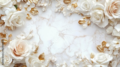 Elegant white roses and gold leaf border on marble background.