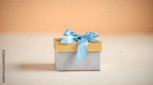 Luxury Fabric Gift Box with Golden Lid and Blue Satin Ribbon on Beige Background
