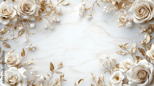White roses and gold leaves arranged on marble background.