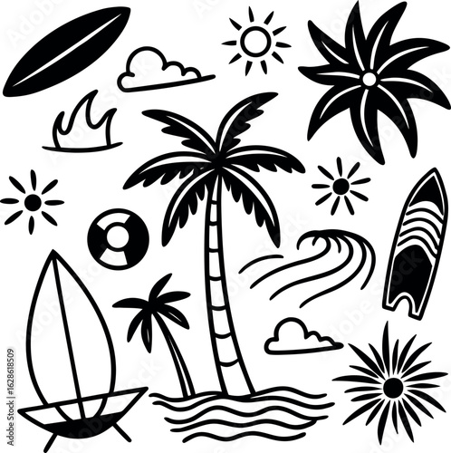 Collection of hand drawn tropical beach and summer icons isolated on white background