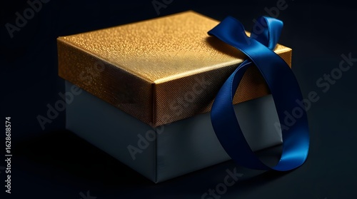 Luxury Fabric Gift Box with Golden Lid and Blue Satin Ribbon on Beige Background