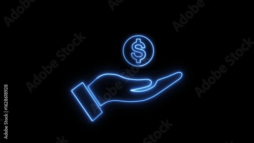 Neon glowing Human hand giving money icon isolated. money in the hands neon icon on black background. Receiving money icon. Glowing dollar on hand sign. blue color neon hand holding usd icon.