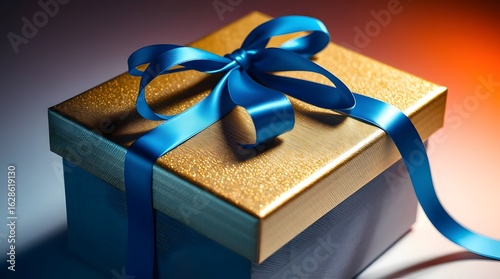 Luxury Fabric Gift Box with Golden Lid and Blue Satin Ribbon on Beige Background