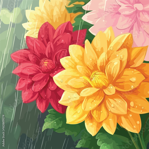 Vibrant Dahlia Mix Blooms with Raindrops