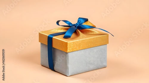 Luxury Fabric Gift Box with Golden Lid and Blue Satin Ribbon on Beige Background