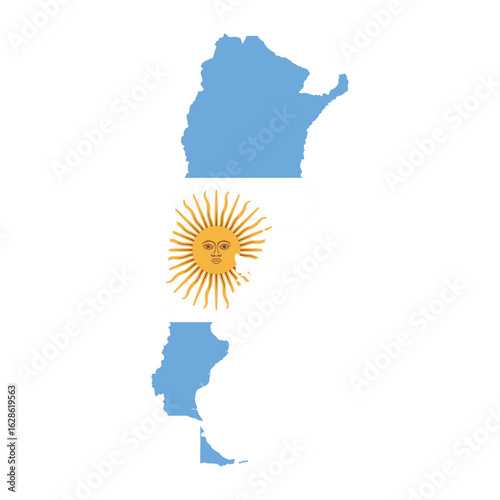 Argentine national flag design with Sun of May integrated into country map, blue and white
