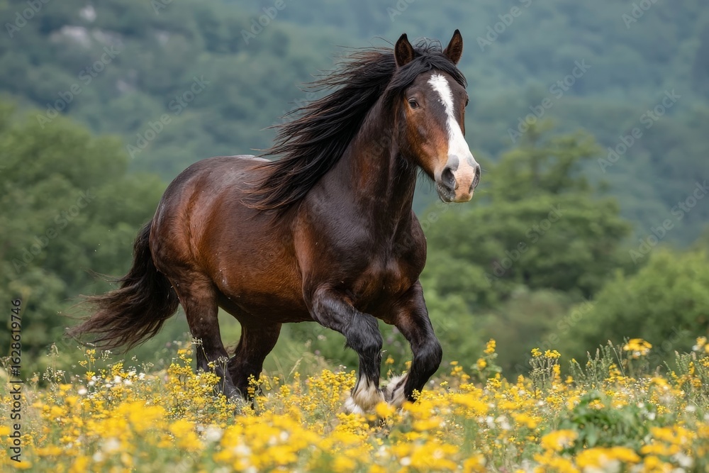Obraz premium Majestic horse gallops through a vibrant field of wildflowers in sunny countryside setting