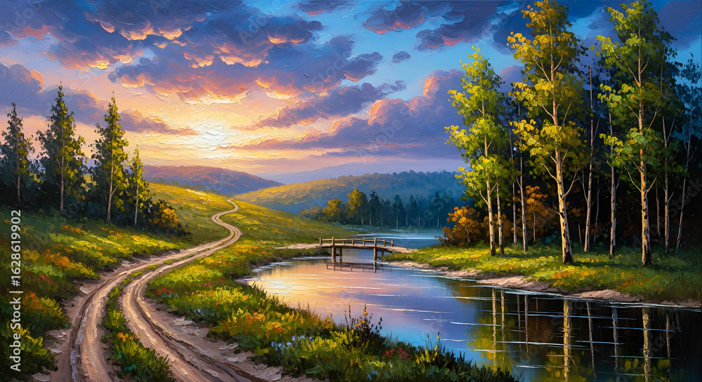 Obraz premium Title: Path to the Setting Sun Other possible titles: * Summer's End * A Winding Road Beside the Water * Sunset Creek * Golden Hour in the Meadow 