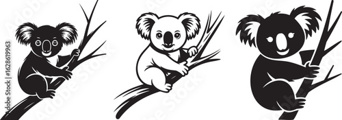 Cute Koala Bear Illustrations Climbing on Tree Branches in Black and White for Australian Wildlife Conservation Awareness