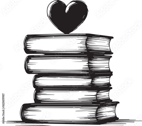 Reading Love: A stack of meticulously drawn books crowned by a symbolic heart, artfully portraying the enduring affection for knowledge, reading, and the love of stories.