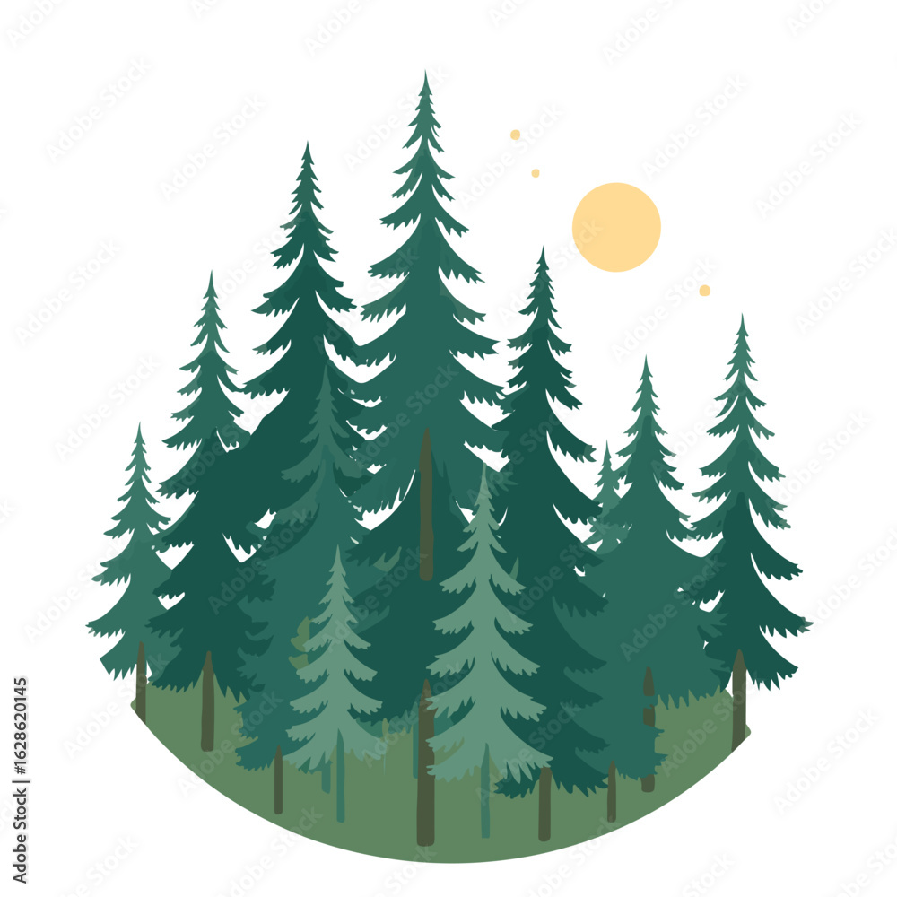 Obraz premium Dark green pine forest vector with glowing moon and tall trees, ideal for eco-friendly outdoor logos, badges, and scenic artwork