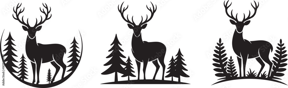 Obraz premium Elegant Black and White Deer Silhouettes with Majestic Antlers and Evergreen Trees for Nature Inspired Designs