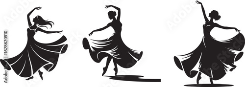 Elegant Ballerina Silhouettes in Graceful Poses Performing Ballet Dance with Flowing Gowns Artistic Vector Design