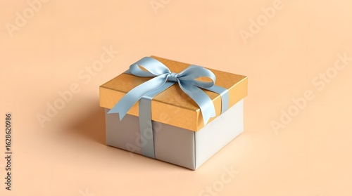 Luxury Fabric Gift Box with Golden Lid and Blue Satin Ribbon on Beige Background