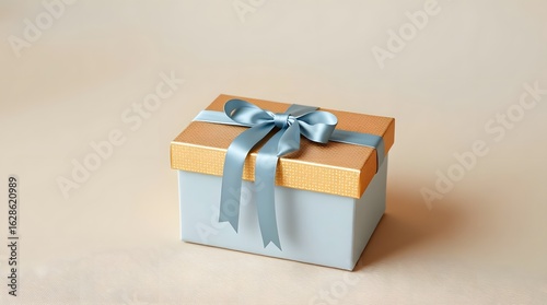 Luxury Fabric Gift Box with Golden Lid and Blue Satin Ribbon on Beige Background
