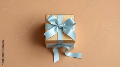 Luxury Fabric Gift Box with Golden Lid and Blue Satin Ribbon on Beige Background