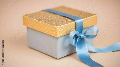 Luxury Fabric Gift Box with Golden Lid and Blue Satin Ribbon on Beige Background