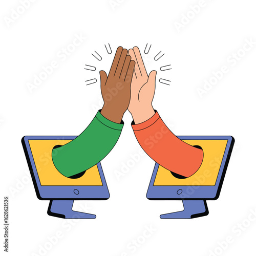Vector illustration of Virtual High Five: Celebrating Collaboration & Remote Teamwork Success