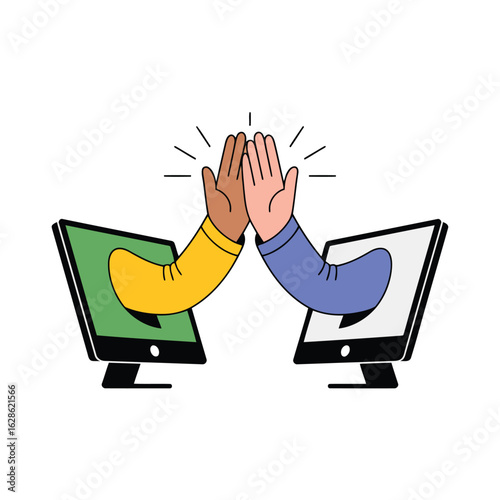 Vector illustration of Virtual High Five: Celebrating Online Collaboration