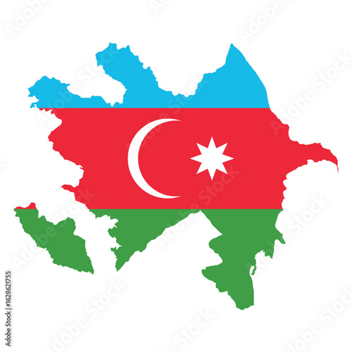 Azerbaijani national flag design integrated into country map, blue red green stripes