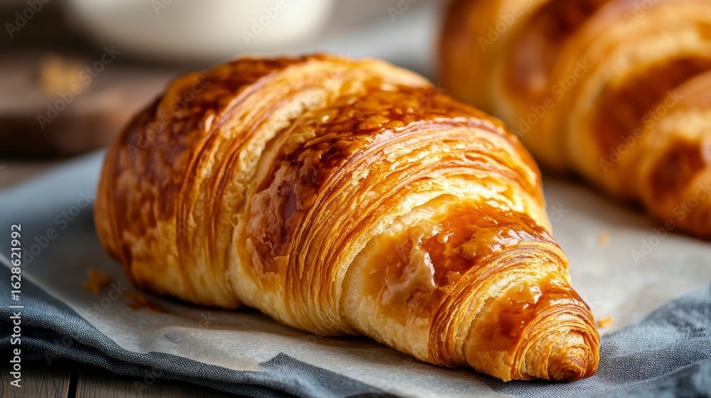 Golden-brown croissant pastry on a linen cloth. Golden-brown croissant pastry on a linen cloth.