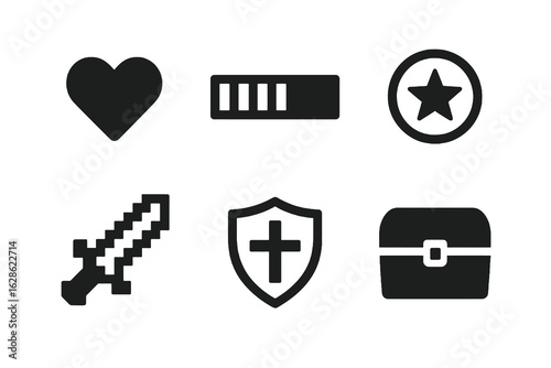 Minimal filled vector icons of treasure chest, health bar, and coins. Ideal for video game resources, pixel art packs, and stock design elements.