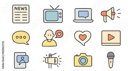 Communication tools and symbols represented by simple icons in a modern digital context