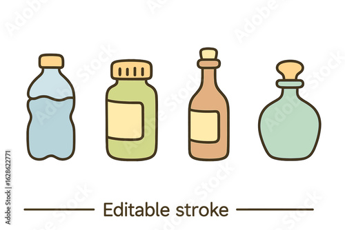 Various containers designed for liquids displayed in a minimalist style with clear labels for identification and organization