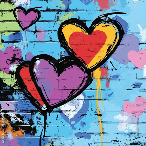 Vibrant graffiti hearts symbolizing love on wall