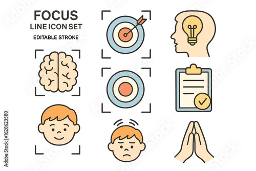Visual representation of focus concepts showcasing brain, target, ideas, and emotions in a colorful graphic design