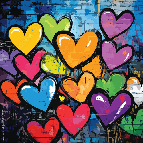 Vibrant graffiti hearts symbolizing love on wall