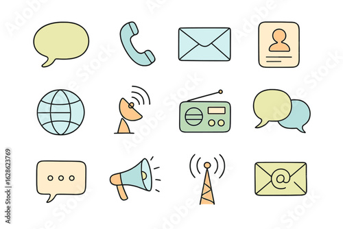 Various communication icons representing modern digital and traditional methods of interaction in a colorful layout