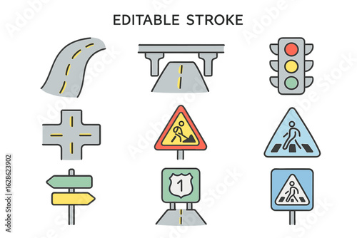 Various traffic signs and road symbols illustrating different aspects of road usage and safety measures in a simplified design