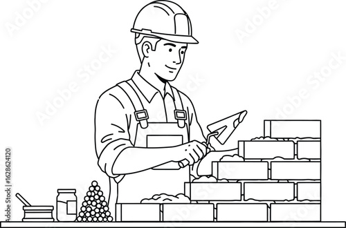 Illustration of bricklayer building wall construction worker art