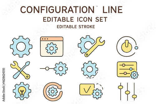 Collection of configuration icons illustrating tools, settings, and adjustments for digital applications and systems