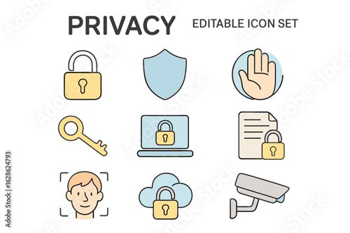 Privacy icon set showcasing various elements related to data protection and security features