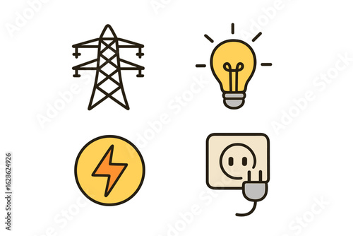 Understanding basic electricity concepts with icons representing power sources and electrical elements